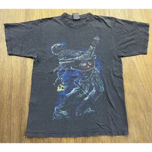 Y2K Vintage Skeleton Guitar Graphic Tee Black Faded Thrashed Cotton Men's Medium